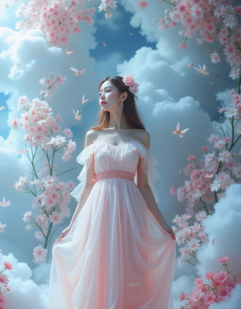 arafed woman in a pink dress standing in front of a floral backdrop, digital art inspired by Oleg Oprisco, tumblr, baroque, ethereal fairytale, very magical and dreamy, dreamy style, maternal photography 4 k, dreamy and ethereal, lady with glowing flowers dress, ethereal and dreamy theme, in the white clouds fairyland, ethereal and dreamy