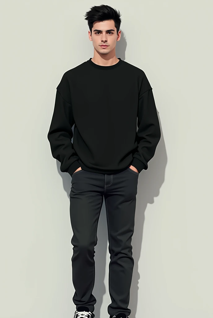 Young man in black sweatshirt, dark jeans and black and white shoes, short black hair, black eyes 