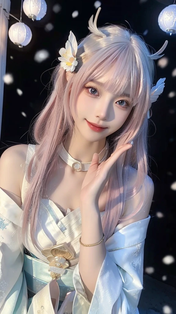 Works of masters,Best image quality,Ultra-high resolution,8K resolution,first person perspective,s the perfect face,Glowing skin,Exquisite facial features,solo person,FEMALES,ssmile,long whitr hair,Pink hair,crossed bangs,Wave head,Bracelet,Collar,during,Hanfu,snowflower,Winters,temple,New Year,Opal rendering,Cinematic lighting,Winter snow method
