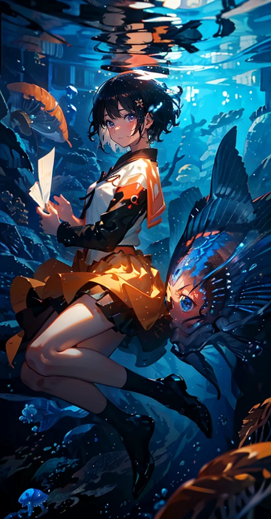 (The pieces fly), (Highest quality), Very detailed, (1 person:1.4), Solo full body shot, Perfect Face, beautiful girl, Very detailed顔,(Black short hair:1.5),(blue eyes:1.4),(float:1.4),(Underwater:1.4),(float:1.3),seabed,Fish school,Light,jellyfish,Seaweed,Red fish,Yellow fish,deep sea,Fantasy