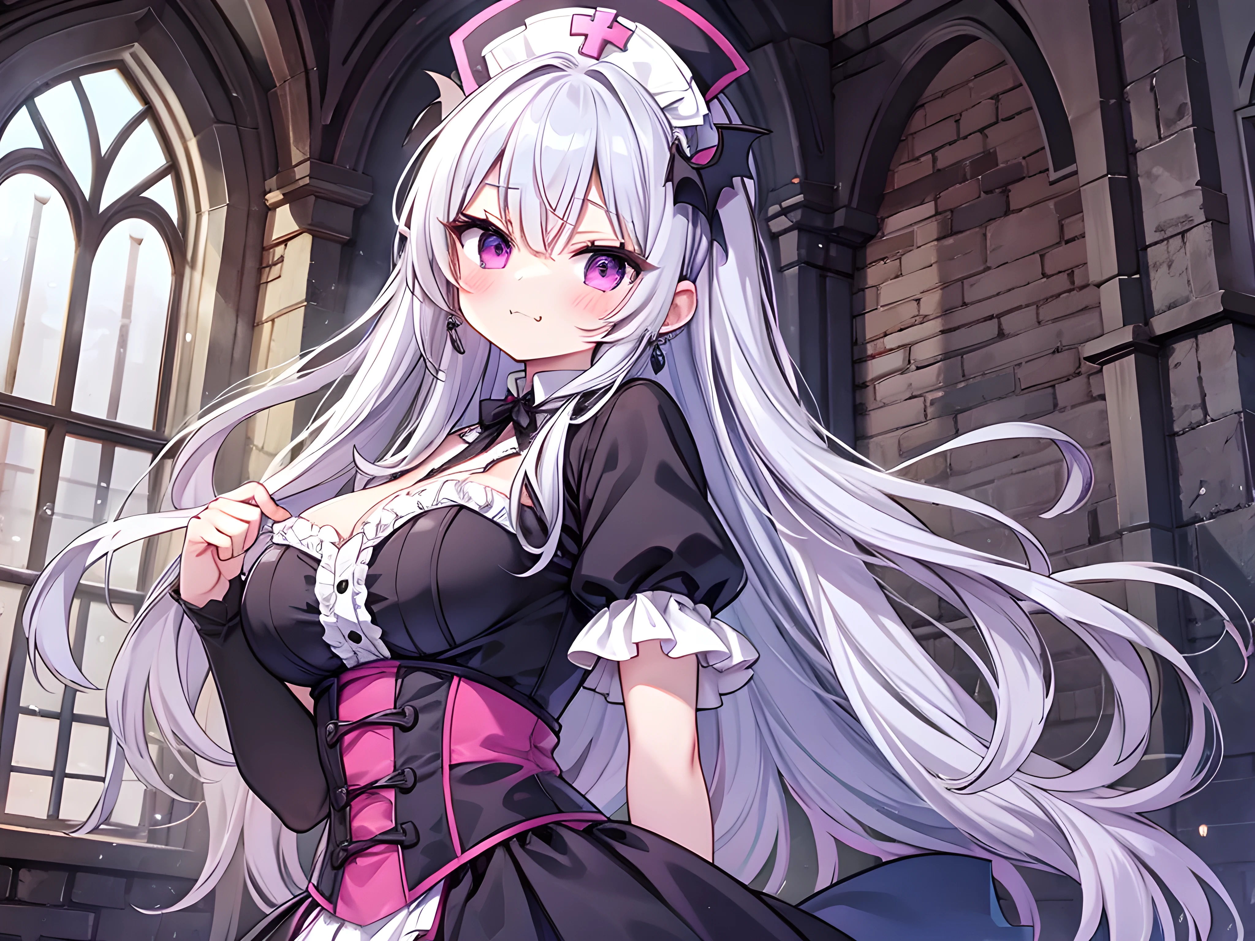 best quality,ultra detailed,8k, anime,watercolor,nsfw,Old Castle background,The castle's medical room,solo,Victorian Gothic Style,nurse,Vampire,bat,midnight,fog, stand,1 little Vampire girl,babyface,,,blush,smug,(fang:1.1),@_@,(silver hair,long hair,messy hair:1.1),nurse cap,nurse costume,corset,Corsage,Earrings,own hands clasped,
