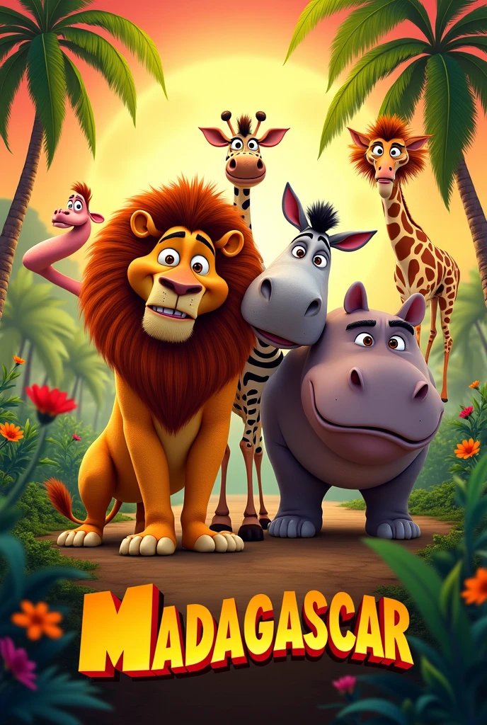 create the madagascar movie poster with the movie characters