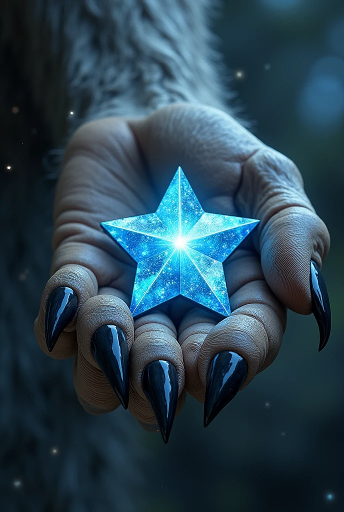 Draw a wolf's paw holding a star-shaped gem with some threads with the word "GalaxyPaws" above
