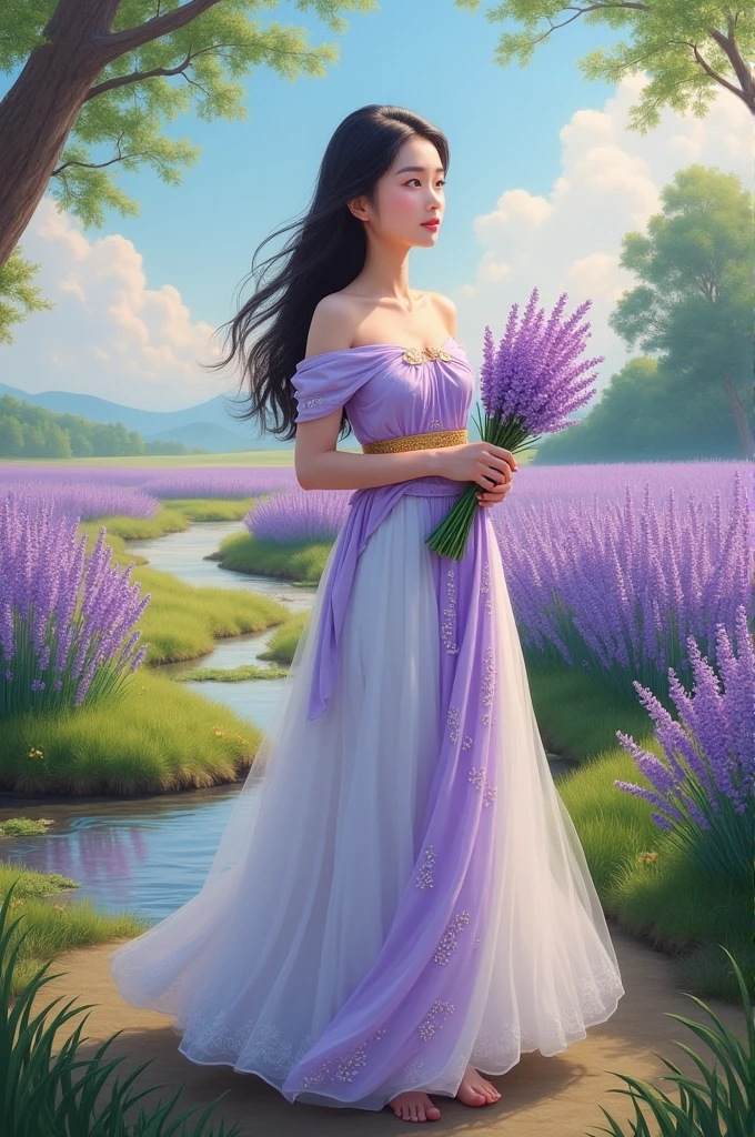 full length A beautiful, sweet, and gentle young woman of 20 years old, wearing a purple and white Dusit Thai dress, a gold belt, a long white skirt with purple sparkles, flowing, holding a bunch of lavender flowers, in the middle of a small meadow with a small stream and a lavender field in the distance. The atmosphere is fresh and beautiful in the morning. Oil painting, 3D painting, art painting by Professor Chalermchai