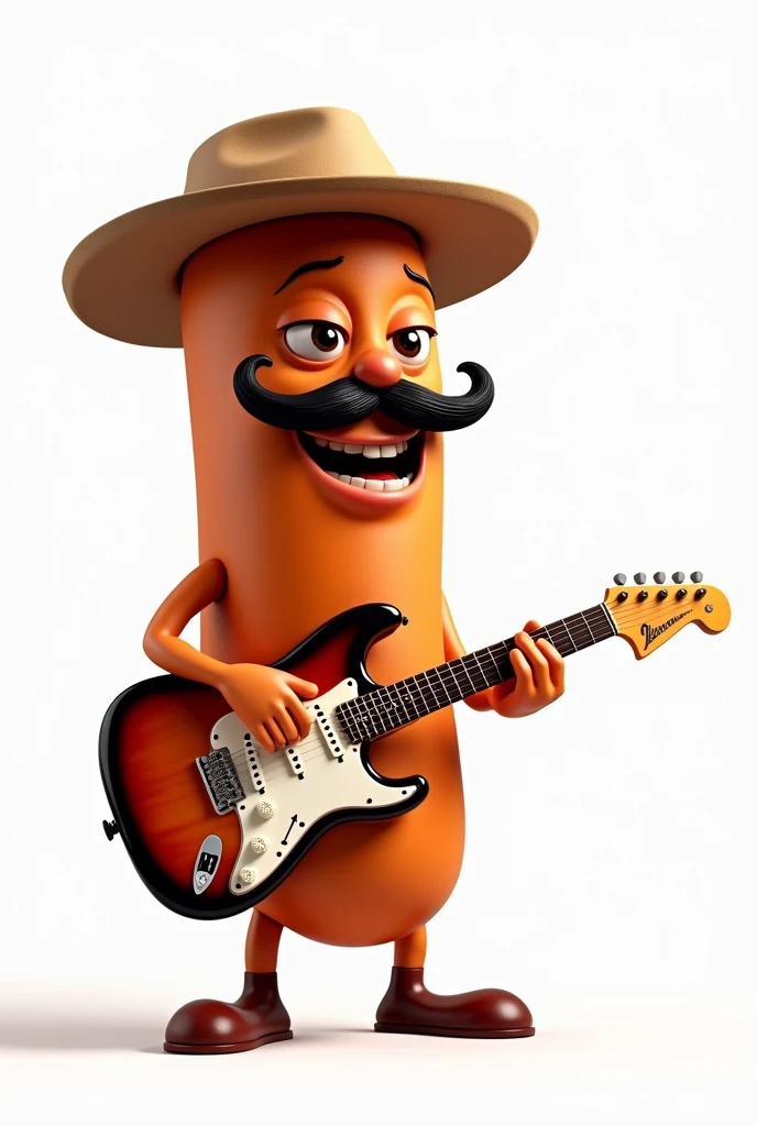 A choripán with a hat and a mustache playing an electric guitar on a white background