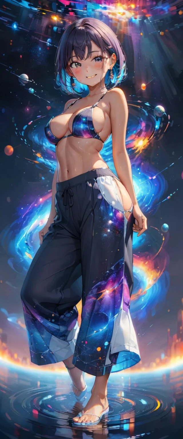 anime illustration, ((((highest quality)))), (((Ultra-precision CG 16K))), (((masterpiece))), BREAK skinny body, slender waist, medium Breasts, (((perky breasts))), ((sagging breasts)), (covered nipples), (((tanned skin, tan lines))) , BREAK (written in detail of face, smiling, blush, determined expression, sweaty , Heavy breathing, embarrassed, ) , (natural make), BREAK narrow eyes, (streaked hair, hair intakes, colored inner hair, ) BREAK (((wearing printed oversized clothing , wearing wide-leg-pants, breasts is covered by outfit, (detailed panty), Narrow aisles,))) , wearing earrings , BREAK ( stick breast out, (( Handstand))) BREAK (( ripples , horizon , under the cosmic sky on the cosmic sea , cosmic effects,)), (a girl blended into the background):0.75, (((full body shot, looking at viewer, ))), BREAK ((cinematic , from side , from below , ((Distant view, Panorama)), looking at viewer, )) , pinup magazine pose, dancing
