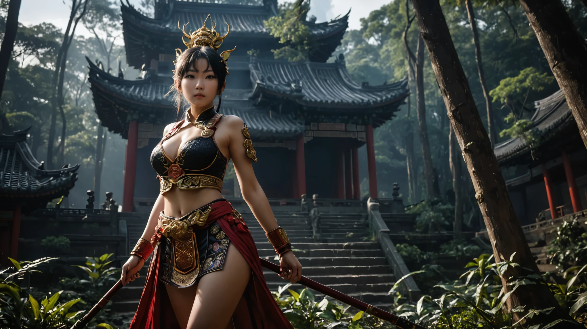 An ancient Chinese temple ruin in a forest, inspired by the game Black Myth Wu Kong, (low angle view), at dark night. (1girl, solo, alone), female Sun Wu Kong cosplayer, medium-breast slim:0.6 body, oval:0.4 face, cleavage:1.1, Wu Kong's costume and outfits, Wu Kong's weapon (long stick), (slightly leaning forward running pose), half-body thigh level medium shot, cinematic lighting, ray tracing.