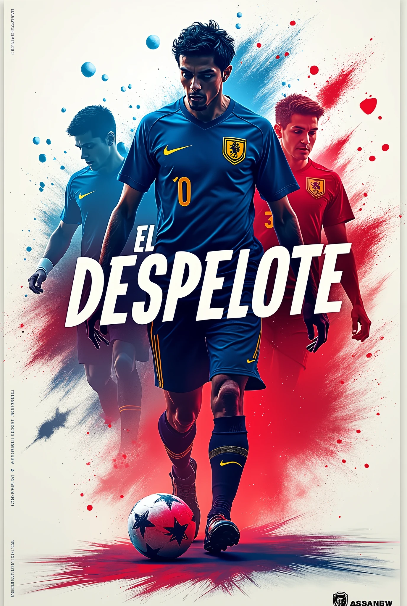 I need an image for a poster of a soccer team whose name is: "EL DESPELOTE" I NEED EYE-CATCHING COLORS ADD THE NAME OF TEAM AND COLORS WHITE, BLUE AND RED