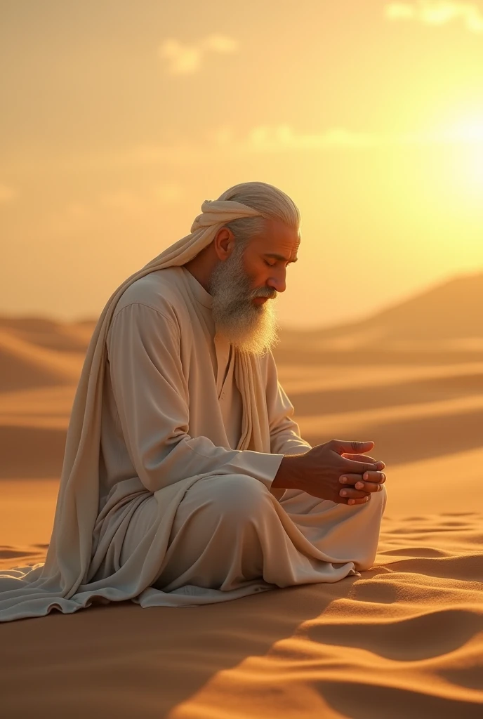 an Arab man kneeling in the sand with his hands on his knees, digitl art by Artur Tarnowski, trends on pixabay, digitl art, holy man looking at the ground, kneeling in prayer, praying to the sun, sua mente contemplando a eternidade, his body buried in the sand, praying meditating, powerful scene, the most beautiful scene