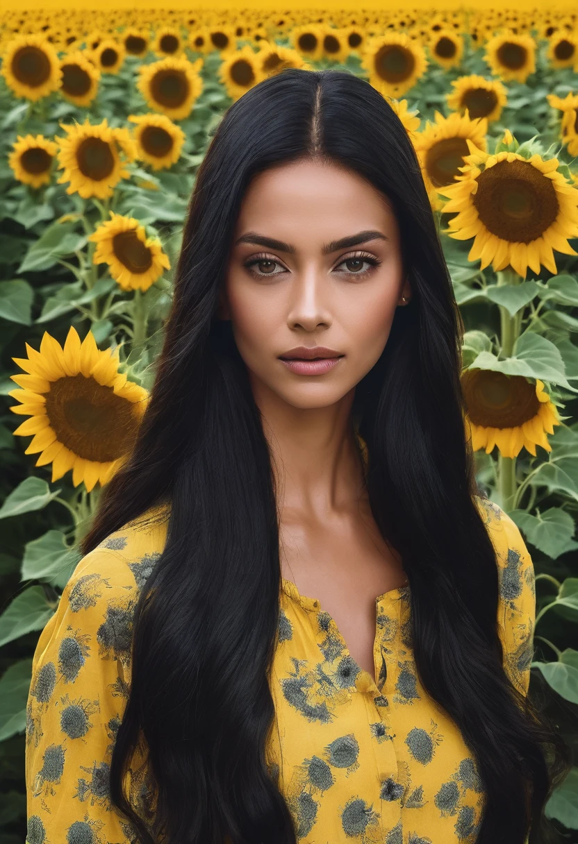 create the image of a Brazilian woman of 1:55 tall with long black hair in a field of sunflowers