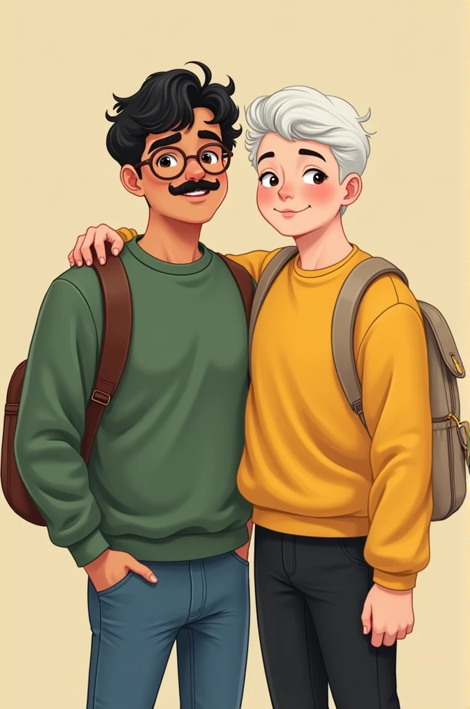 gay cute couple, chubby tanned boy with short wavy black hair, with mustache and round brown glasses, with green sweatshirt and jeans and white boy chubby with white hair, , yellow sweatshirt and black pants, with beige ecobag