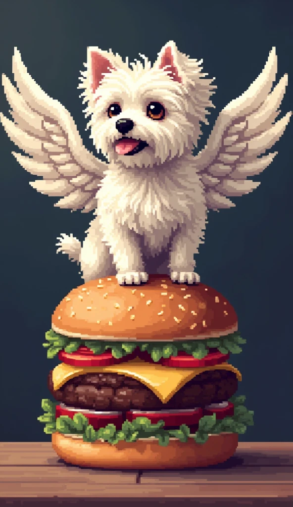 Pixel Art, realistic a maltese dog pinion with hamburger