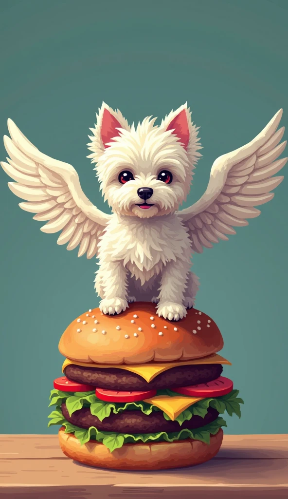Pixel Art, realistic a maltese dog pinion with hamburger