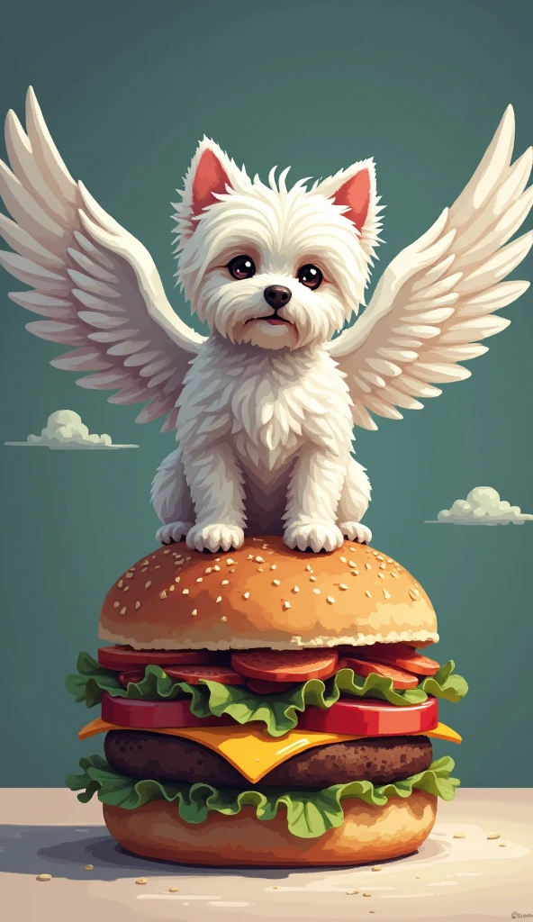 Pixel Art, realistic a maltese dog pinion with hamburger