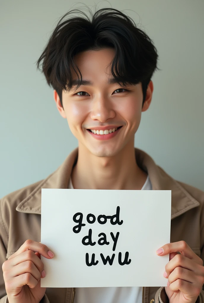 (Photorealism;1.2) Hwang Hyunjin whit a poster sayed "Good Day uwu"