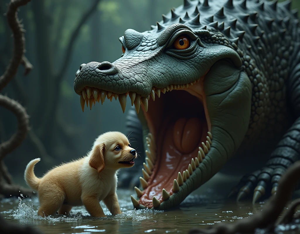 We need an image of a crocodile about to feed a puppy and the puppy is weeping late. Puppy weeping for helping 