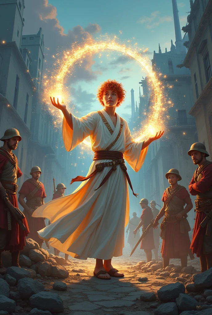 Fantasy Art, DND cover art, role playing art, dungeons and dragons Fantasy Art, Young red-haired cleric wizard in white robes healing allied soldiers with magic circles in a destroyed village