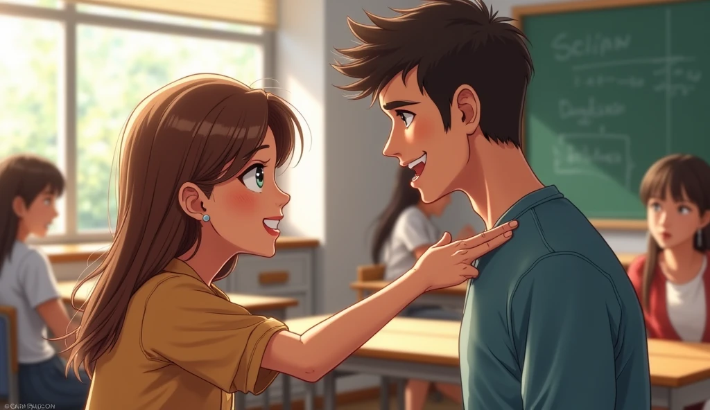 A woman pokes a man in the side、Students