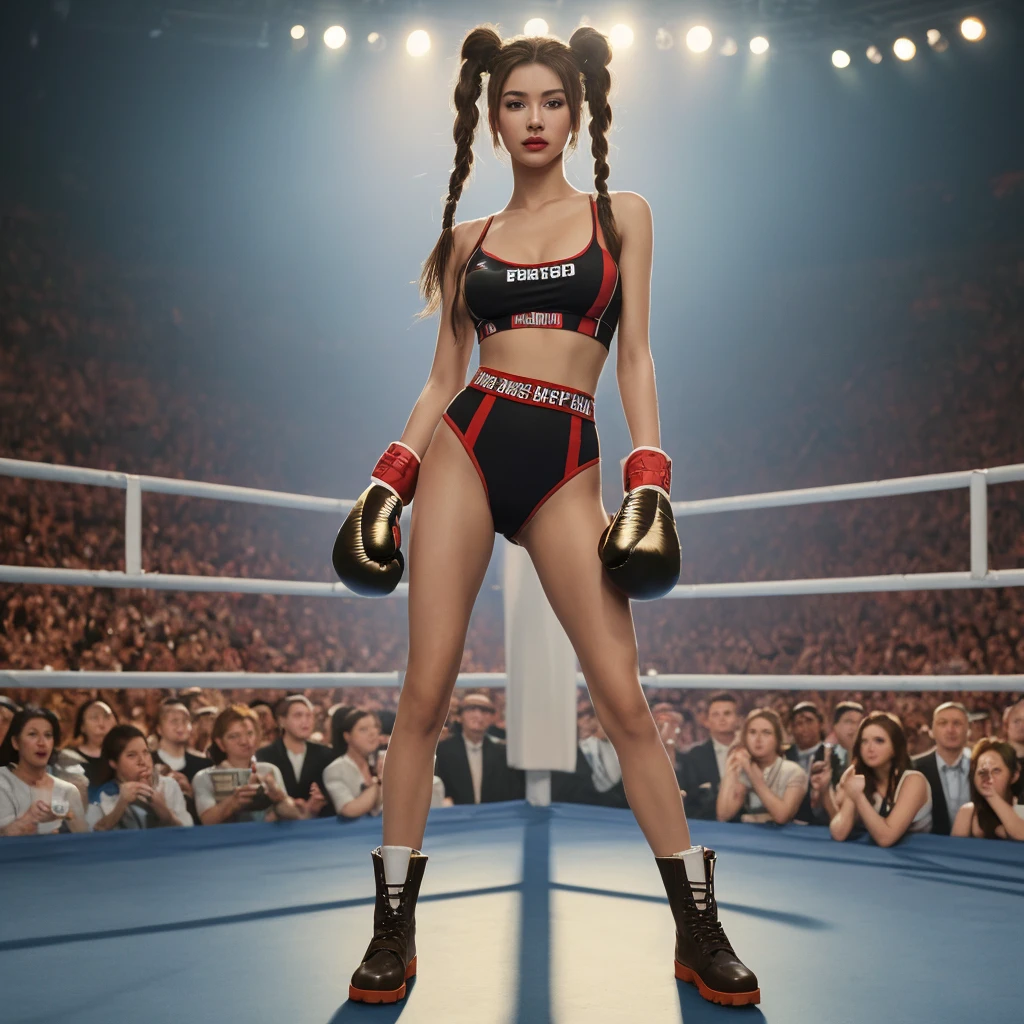 (Female wrestler:1.8)、a muscular build、6 Pack Abs、Dramatic Wrestling Outfits、On the wrestling ring stage under the spotlight、Detailed portrait、(Highest quality、4K、8K、High resolution、masterpiece:1.2)、Super detailed、(Real、Photorealistic、Photorealistic:1.37)、Dynamic action poses、Dynamic lighting、Cinematic composition、Highly detailed facial features、Highly detailed eyes and face、Long eyelashes、Chiaroscuro Lighting、Dramatic Shadows、Striking color palette、Bright colors、