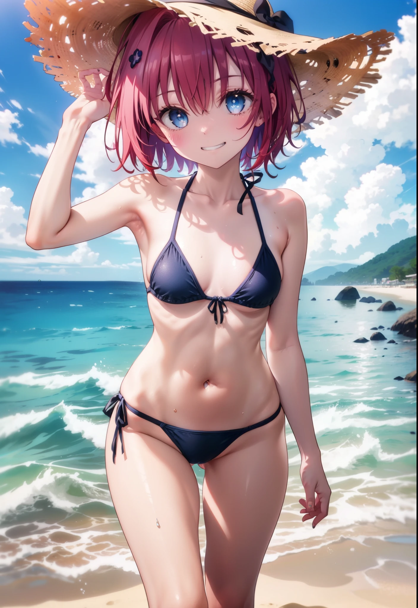 Kurosaki  mea,Redhead,Long Hair,Purple eyes,Grin,smile,Straw hat,Black string bikini swimsuit,Pareo Swimsuit,Belly button,abdomen,barefoot,Sandy Beachを散歩している,Walking,Clear skies,True Summer,Daytime,whole bodyがイラストに入るように,
break looking at viewer,whole body, 
break outdoors, Beach,Sandy Beach,
break (masterpiece:1.2), Highest quality, High resolution, unity 8K wallpaper, (shape:0.8), (Beautiful and beautiful eyes:1.6), Highly detailed face, Perfect lighting, Highly detailed CG, (Perfect hands, Perfect Anatomy),