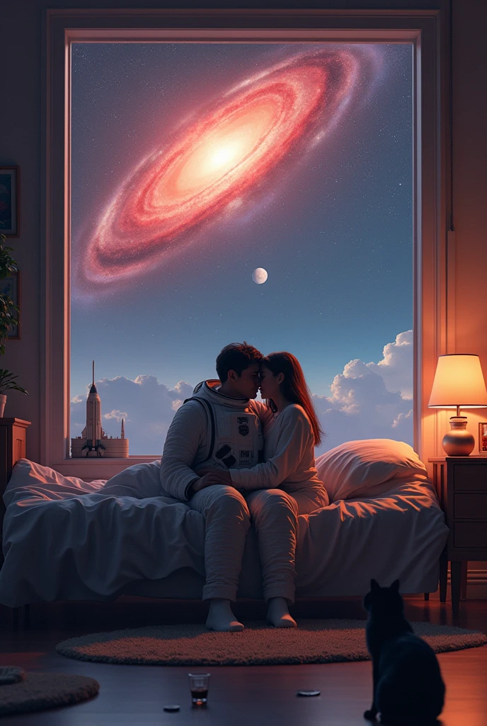 An astronaut sitting on a space-style floating bed, In the same bed there is a girl who just got up behind him and hugs him, Next to them is a table where he finds a bottle of alcohol and a glass, On the floor another broken glass with spilled alcohol, under the bed a black cat watching them, All this is found in a space room which has a large window in the background in which reddish nebulas can be seen along with some planets and stars and a rocket between them. 