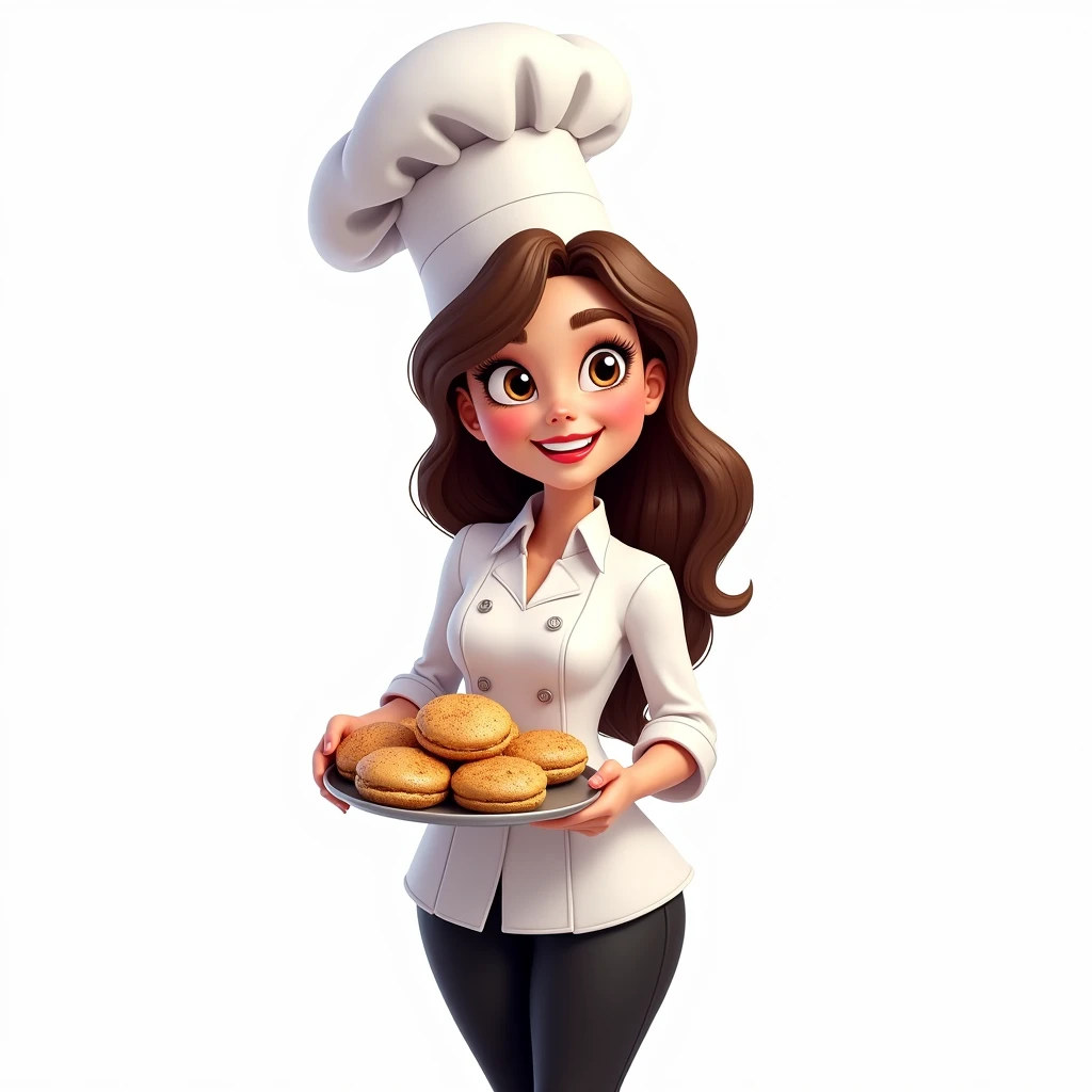 Make me a full body mascot logo about coconut macaroons make the mascot hold the coconut macaroons and make the backround white make it a human adult woman make her wear a chef attire make it so that i can sed the cgef hat