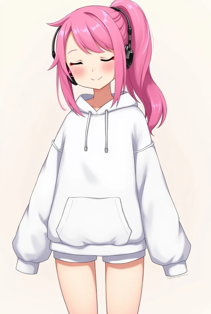 Long Hair, High resolution, Pink Hair, chest, smile, Hood worn, headset on neck, Diagonal bangs, Side Ponytail, Anime Style, Oversized,White hoodie with embellishments,Shorts Illustration, 3D Rendering, Sleepy, Lalafell,accessories, 