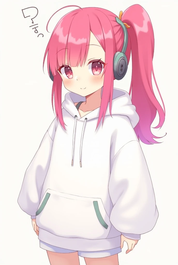 Long Hair, High resolution, Pink Hair, , smile, Hood worn, Interface Headset, Diagonal bangs, Side Ponytail, Anime Style, Oversized,White hoodie,Shorts Illustration, 3D Rendering, Sleepy, Lalafell