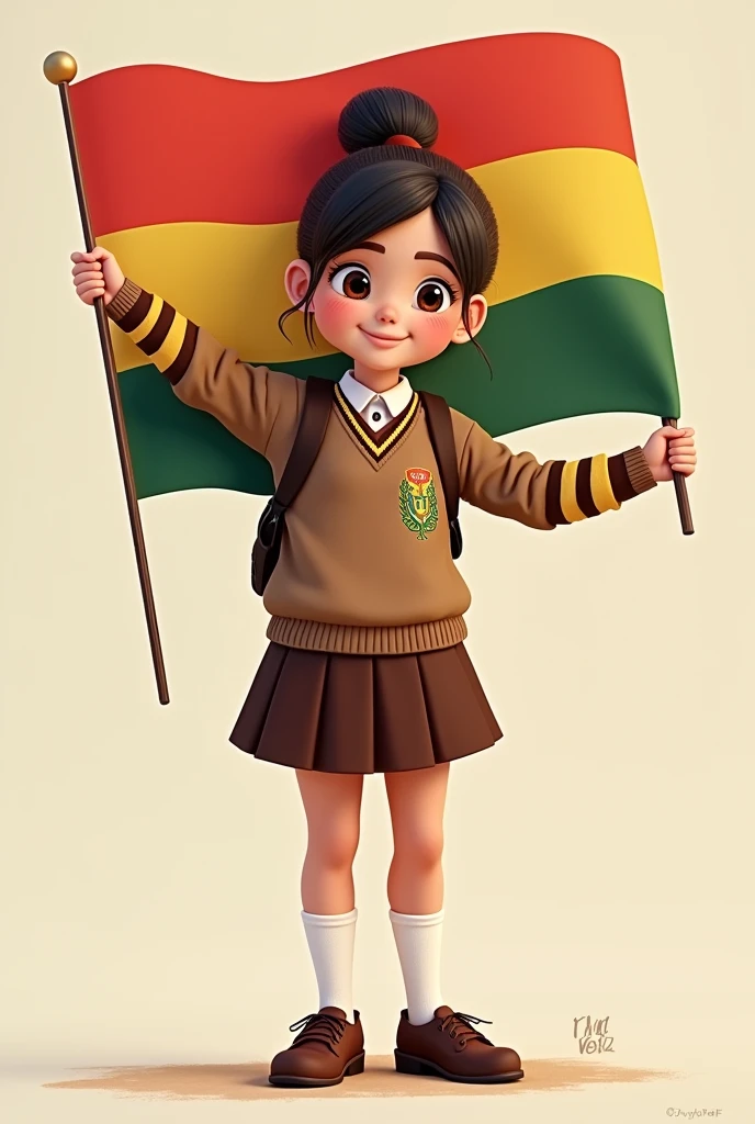 Make an image of a  girl wearing a school uniform. Brown sweater with brown and yellow lines on the arms and on the left side of the chest the Juancito Pinto logo. Wearing a brown skirt with white socks and brown shoes. She must have a bun hairstyle. Holding the flag of BOLIVIA. The girl must appear to be .