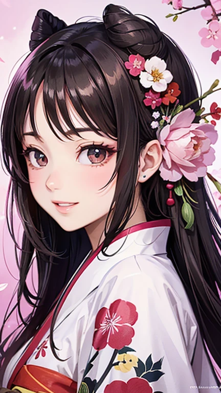 A beautiful woman smiles and shows her upper white teeth、Vividly colored Japanese Ukiyo-e style illustrations、SeaArt creates stunning illustrations of beautiful women in kimono、Brown-black long hair、Beautiful full body style、Beautiful and innovative digital paintings,、 Detailed digital anime art、Beautiful anime portraits、