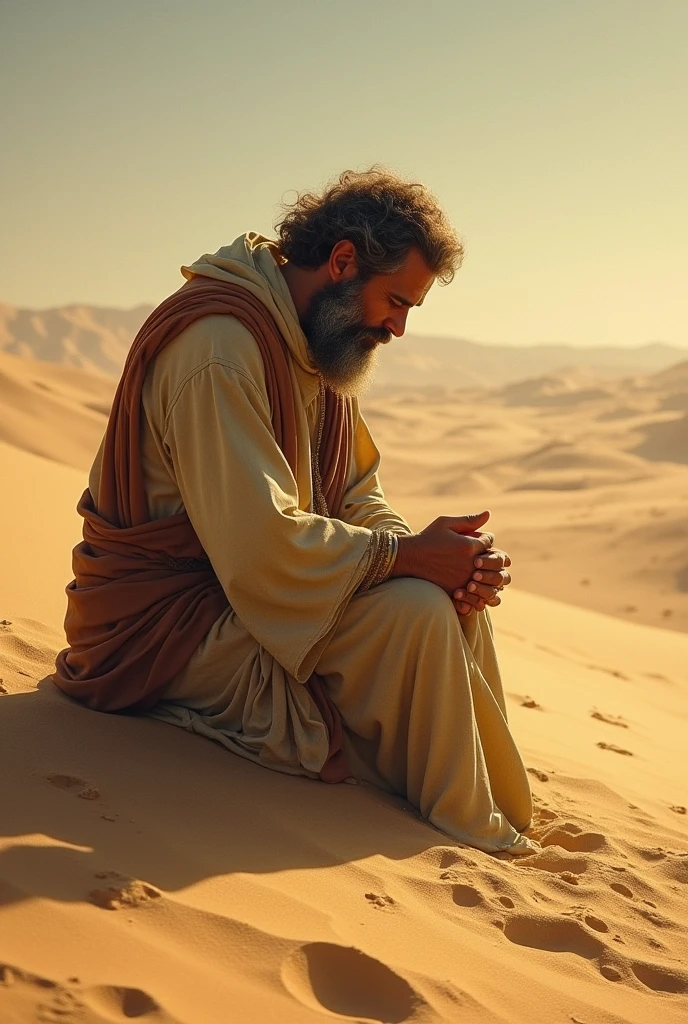 a bearded man kneeling in the sand with his hands on his knees, holy man looking at the ground, kneeling in prayer, praying to the sun, por Artur Tarnowski, sua mente contemplando a eternidade, his body buried in the sand, em Eglon van der Neer, by Etienne Delessert, praying meditating, by João Alexandre