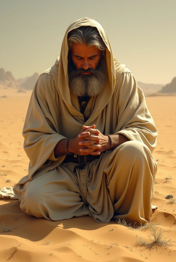 a bearded man kneeling in the sand with his hands on his knees, holy man looking at the ground, kneeling in prayer, praying to the sun, por Artur Tarnowski, sua mente contemplando a eternidade, his body buried in the sand, em Eglon van der Neer, by Etienne Delessert, praying meditating, by João Alexandre
