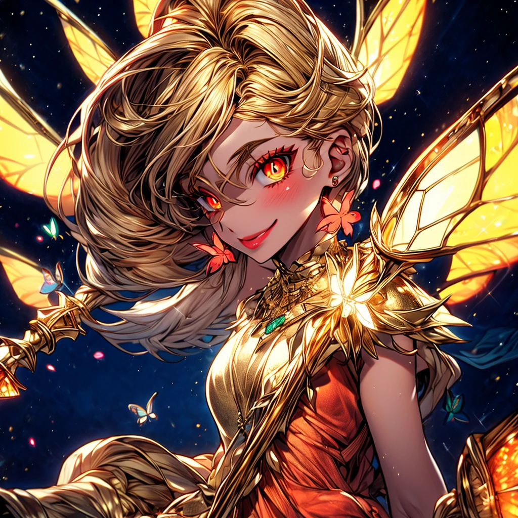 1 mature female, adult tanned women, a sparkling night sky full of glowing butterflies, {{{blonde hair}}}, {{{golden glowing eyes}}}, {{orange lips}}, {{golden shimmering dress}} golden clothes, holding a golden staff, golden jewellery, small smile, {best quality}, {highres masterpiece.}, 16k {{{medium close up}}}, {facing viewer}