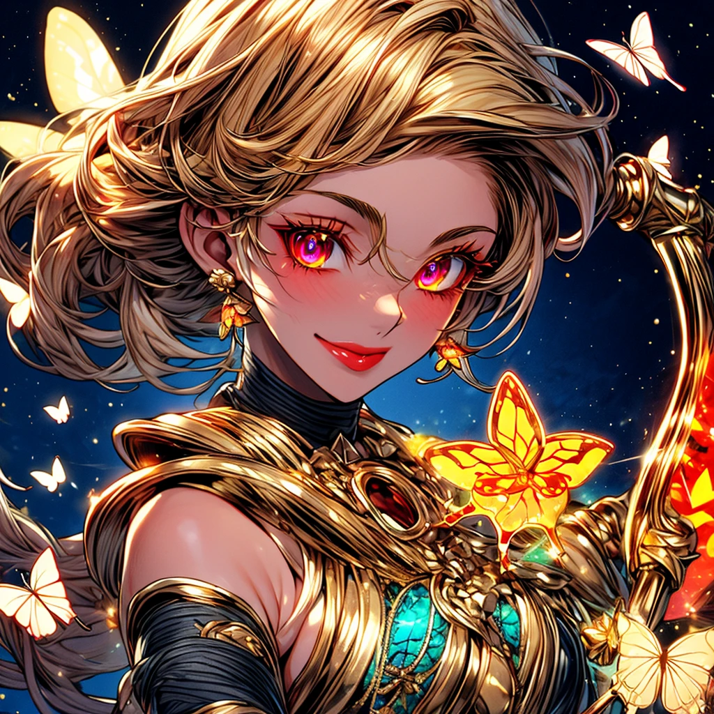 1 mature female, adult tanned women, a sparkling night sky full of glowing butterflies, {{{blonde hair}}}, {{{golden glowing eyes}}}, {{orange lips}}, {{golden shimmering dress}} golden clothes, holding a golden staff, golden jewellery, small smile, {best quality}, {highres masterpiece.}, 16k {{{medium close up}}}, {facing viewer}