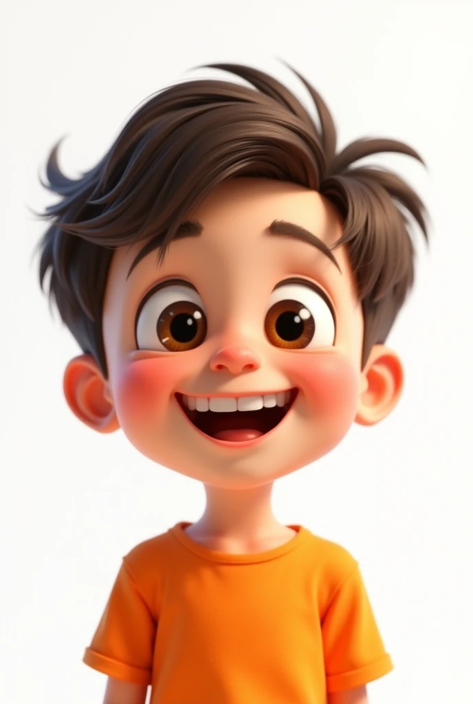 a happy and cute boy with short hair, use a ,orange t-shirt, white background, the child, tom, Pixar-style, ....3d, Cartoon s, face detailed, asymmetric 16k