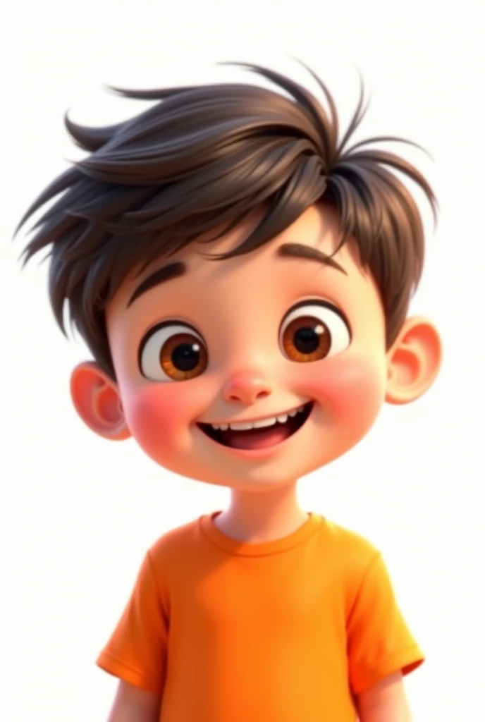 a happy and cute boy with short hair, use a ,orange t-shirt, white background, the child, tom, Pixar-style, ....3d, Cartoon s, face detailed, asymmetric 16k