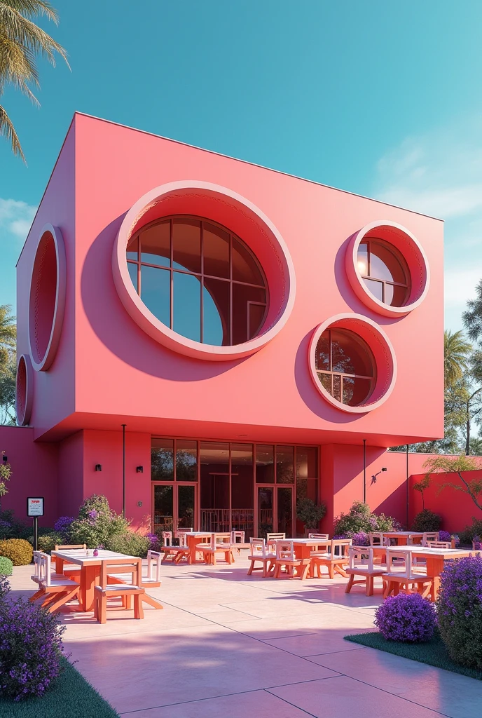 Image in architectural drawing style, unrealistic, fullcolor, as if it had been made in design software by an architect ,of a beautiful rectangular building, form of surplus ,with circular shaped windows, events house, with patio in front containing empty tables and chairs, indoor party, with a small warning sign on the wall saying no drinks and another large sign like the venue's sign written "Platinum Events"