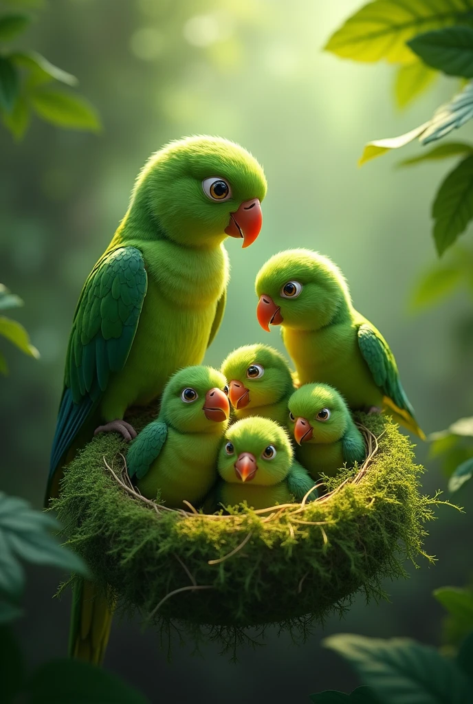 Four more green parrot chicks with their mother and father, a total of 6 green parrots, the Dalfa parrot family, the father 2 large parrots and 4 small ones in smaller, green nests
