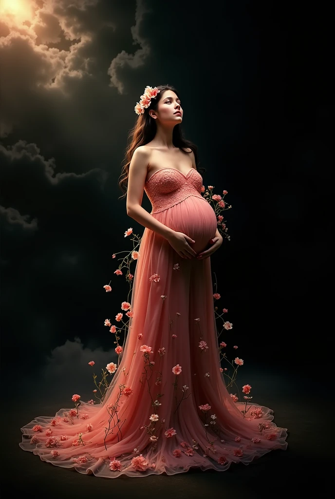 arafed woman in a pink dress standing in front of a floral backdrop, digital art inspired by Oleg Oprisco, tumblr, baroque, ethereal fairytale, very magical and dreamy, dreamy style, maternal photography 4 k, dreamy and ethereal, lady with glowing flowers dress, ethereal and dreamy theme, in the white clouds fairyland, ethereal and dreamy