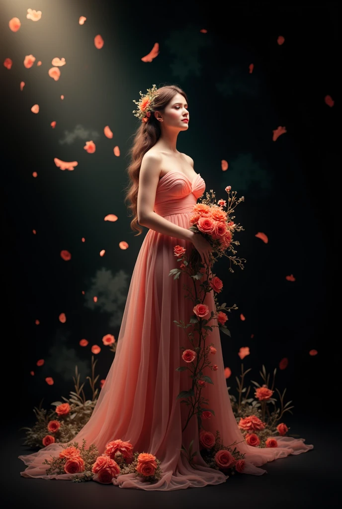 arafed woman in a pink dress standing in front of a floral backdrop, digital art inspired by Oleg Oprisco, tumblr, baroque, ethereal fairytale, very magical and dreamy, dreamy style, maternal photography 4 k, dreamy and ethereal, lady with glowing flowers dress, ethereal and dreamy theme, in the white clouds fairyland, ethereal and dreamy