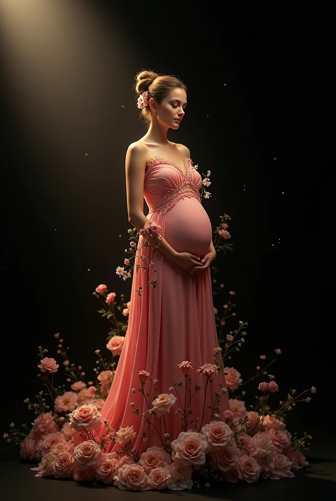 arafed woman in a pink dress standing in front of a floral backdrop, digital art inspired by Oleg Oprisco, tumblr, baroque, ethereal fairytale, very magical and dreamy, dreamy style, maternal photography 4 k, dreamy and ethereal, lady with glowing flowers dress, ethereal and dreamy theme, in the white clouds fairyland, ethereal and dreamy