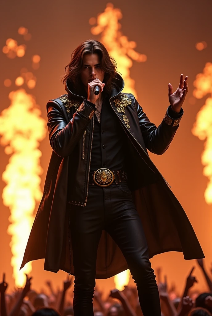 artwork best quality handsome american male teenager long brown hair light skin with black cape and hooded coat on head with gold accents black long sleeve shirt and black pants underneath intricate details singing holding a microphone seen from afar pointing at the audience at a concert with flames of fire around details details uhq 8k