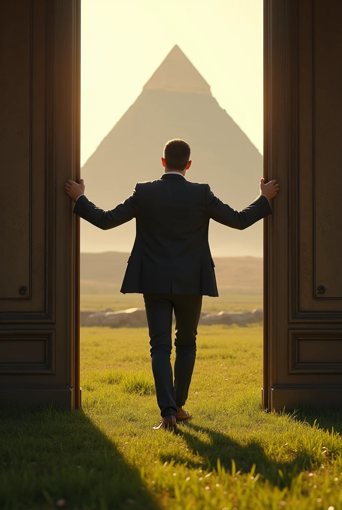 A man pushing a double door open, leaving the view of a pyramid and the growing grass.