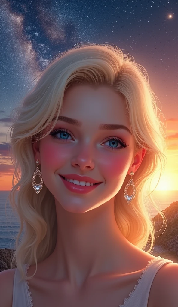 One person, Blonde, High resolution, Crystal Earrings, smile, Simple Background, Decorative art, Beautiful sunset,beauttiful stars,universe,Milky Way