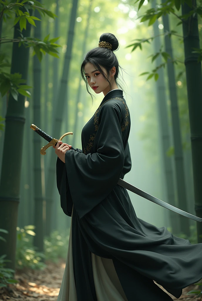 Here is the prompt in English:

"A realistic image of a Chinese woman dressed in a black and white Hanfu, standing with a sword in hand. Behind her is a lush green bamboo forest, creating a serene yet powerful atmosphere."