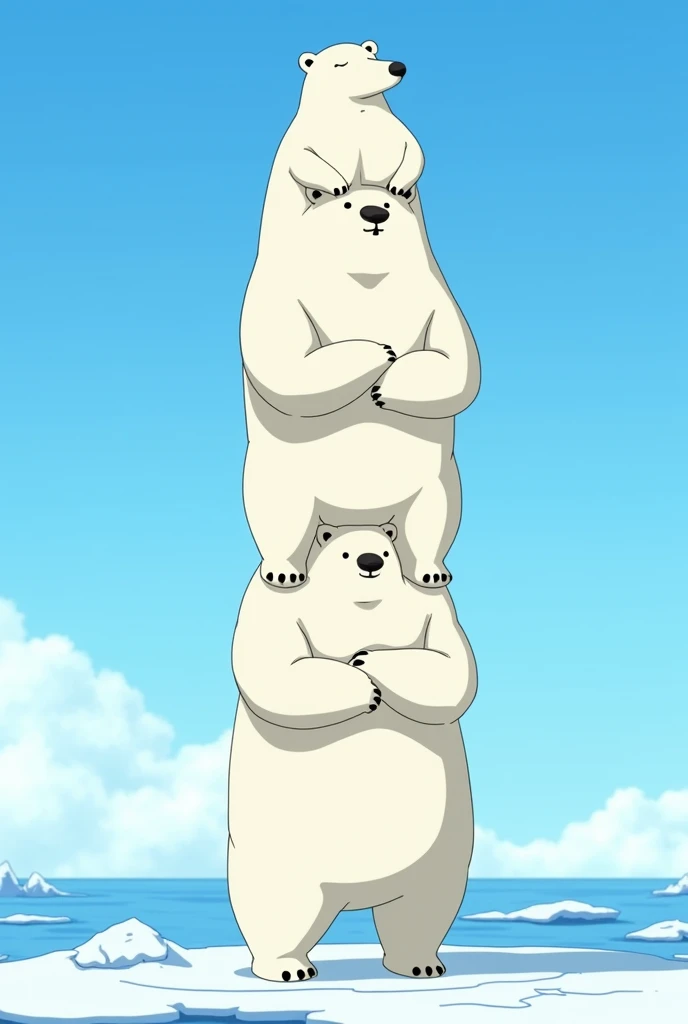 Many bipedal white bears climb onto each other&#39;s shoulders, piled up。All the white bears stand with their arms crossed。White Bear Tower。A slightly lower angle。antarctica、Blue sky background。Japanese anime style。