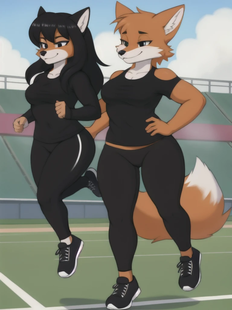 Furry, fox, female, black shirt, black leggings, shoes, running track, friends, full body
