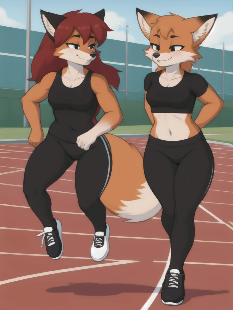 Furry, fox, female, black shirt, black leggings, shoes, running track, friends, full body