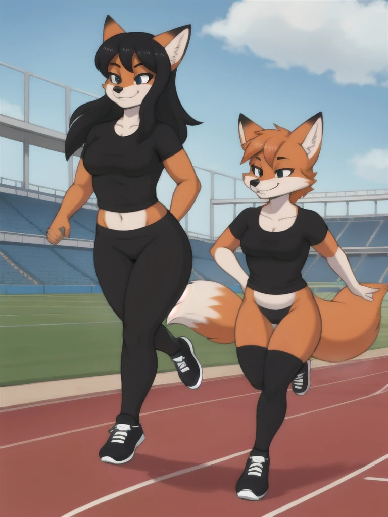 Furry, fox, female, black shirt, black leggings, shoes, running track, friends, full body
