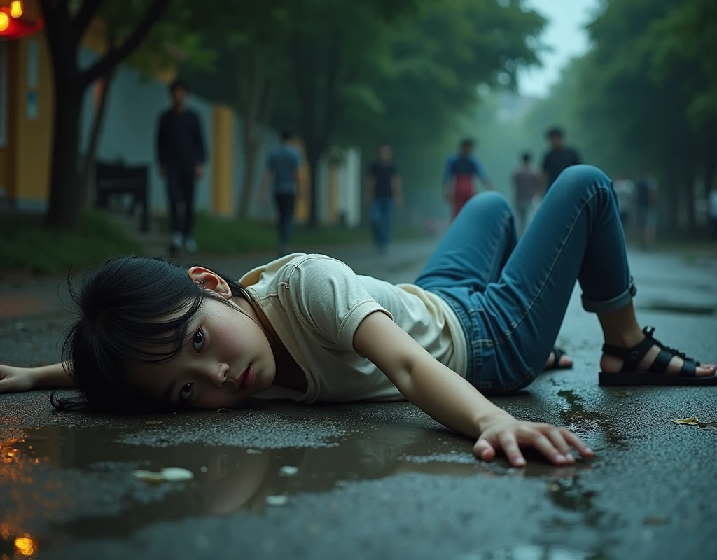 ((Highest quality)), ((masterpiece)), (detailed), Two girls standing close together at the same time (On top of that) Lying on the floor, Actual photo, humanoid, 8k, Crushed underfoot, Breaking under your feet, young, jeans, That's horrible, Lace-up sandals, Asaphyxea, Lace-up, Arm warmers, Savage killing, Asian, Outdoor trampling